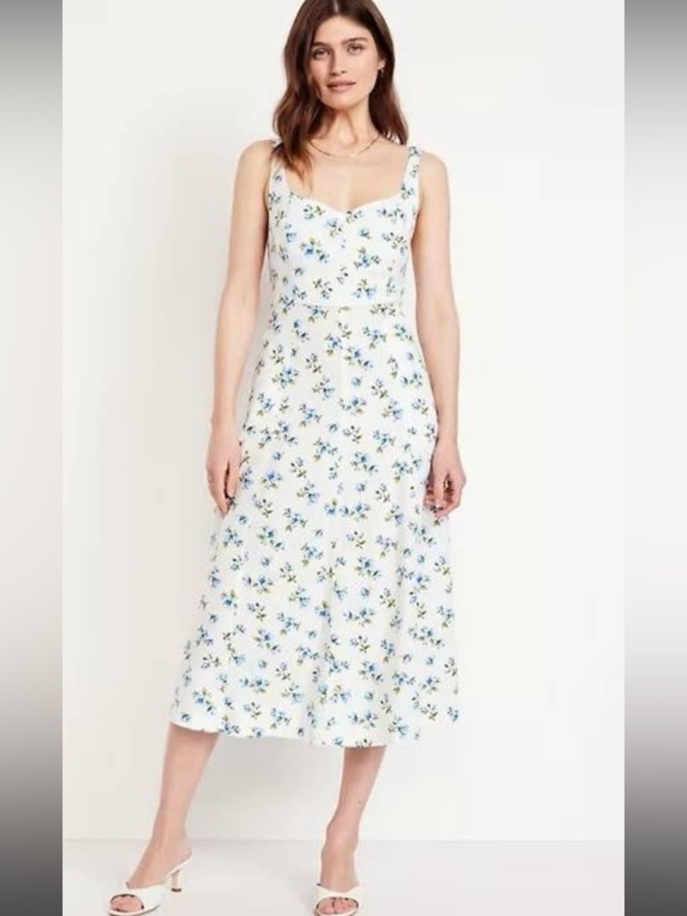 Old Navy Linen Blend White Midi Dress with Blue Floral Print New with tags